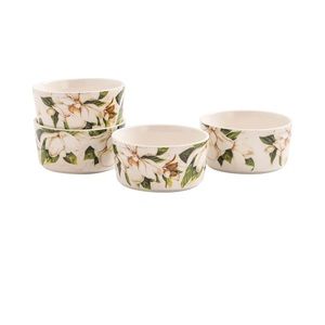 Bico Magnolia Floral Stoneware 8oz Ramekin Set, Set of 4, Round Baking Bowl for